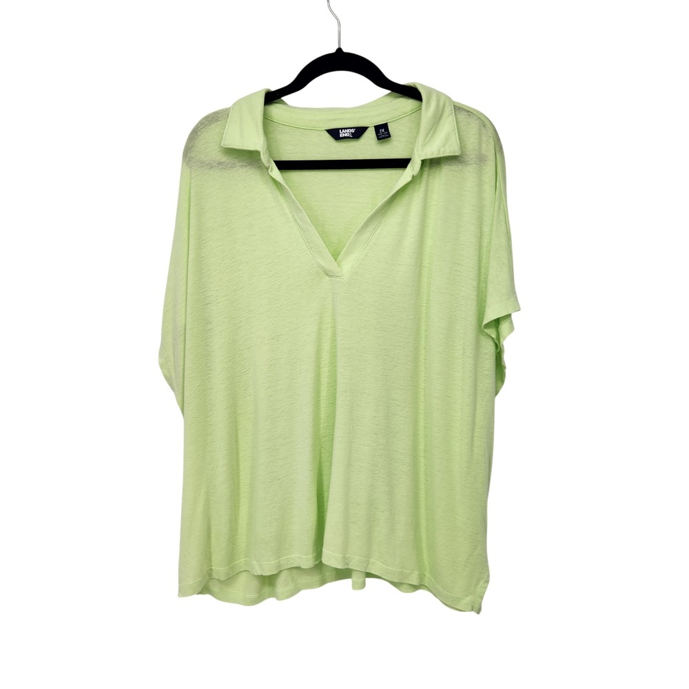 Lands End Womens 2X Lime Green Linen Blend Collared V-Neck Sleeveless Top 546810